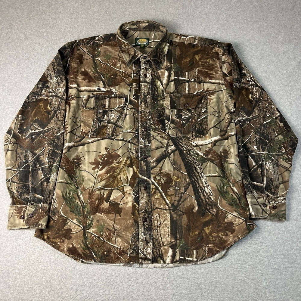 Cabelas Shirt Mens XL Green Button Up Camouflage Realtree Hunting Cotton Blend